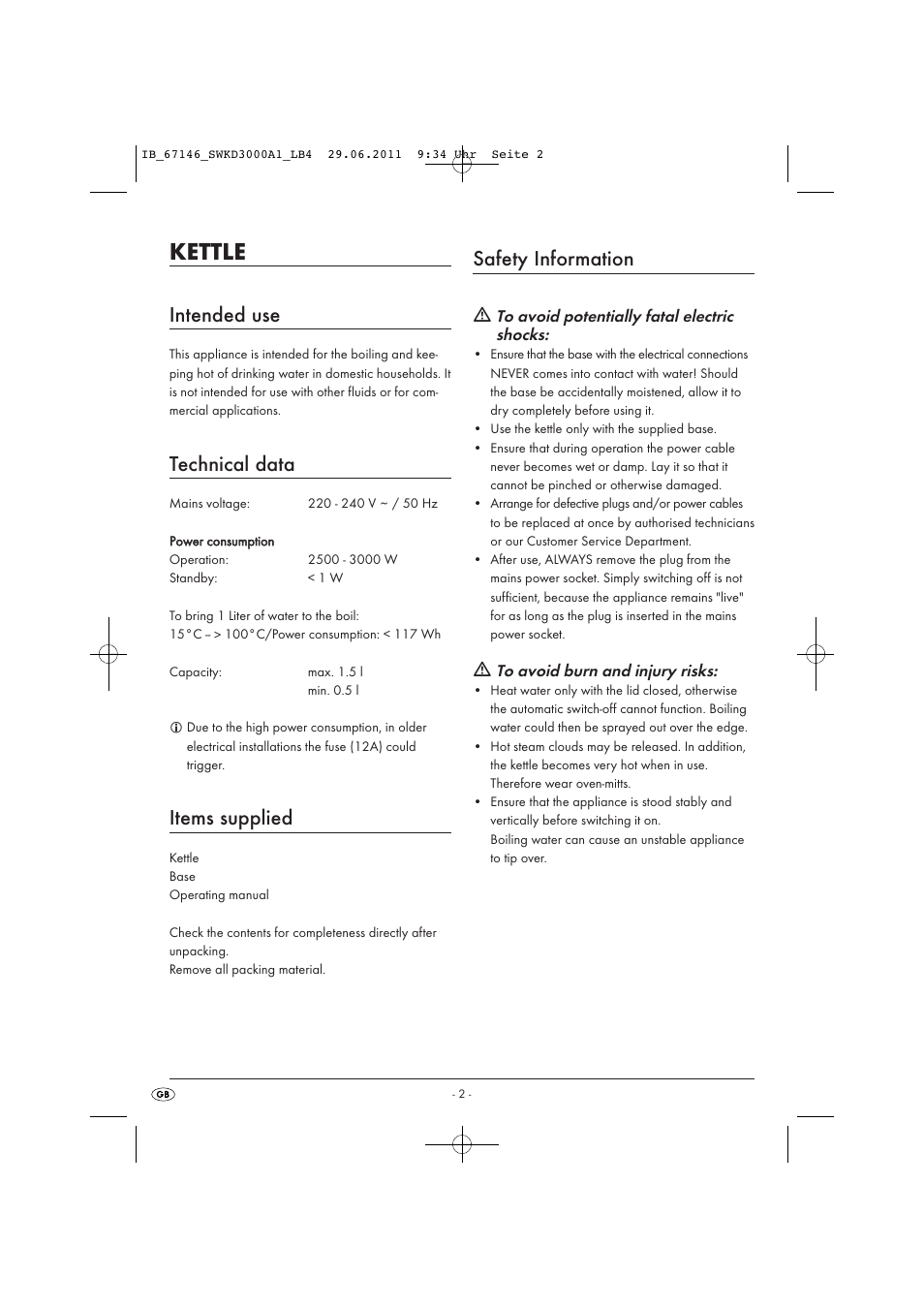 Kettle, Intended use, Technical data | Items supplied, Safety information | Silvercrest SWKD 3000 A1 User Manual | Page 4 / 58