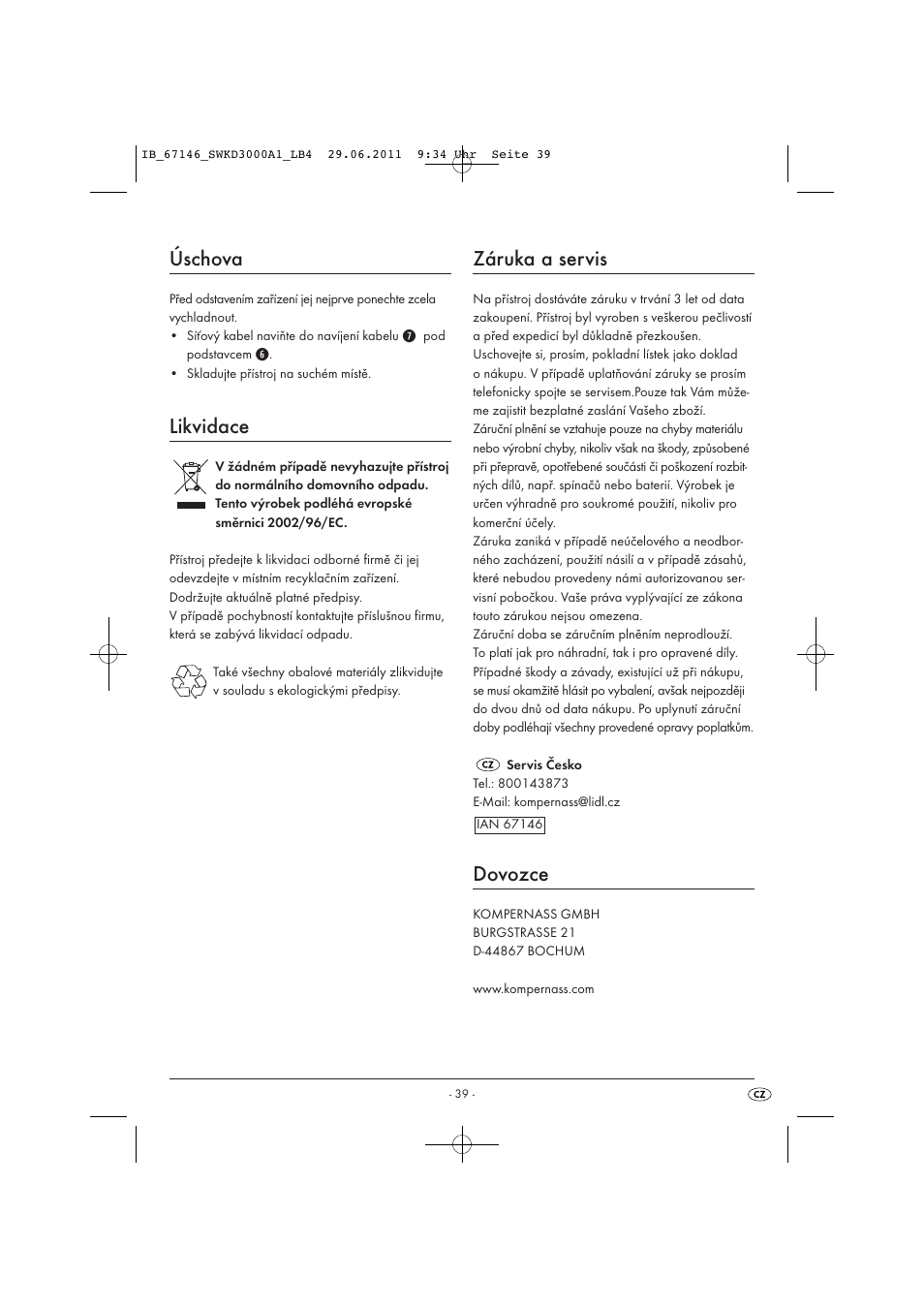 Úschova, Likvidace, Záruka a servis | Dovozce | Silvercrest SWKD 3000 A1 User Manual | Page 41 / 58