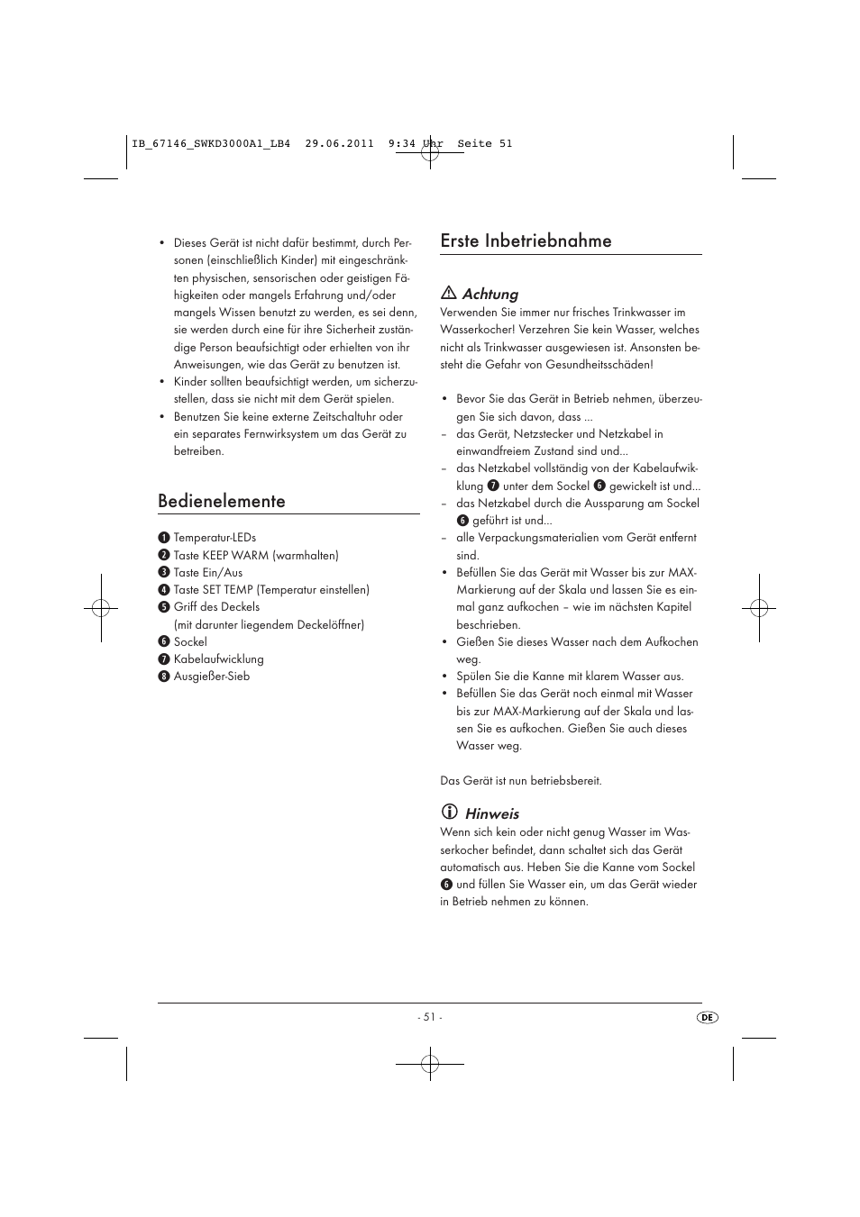 Bedienelemente, Erste inbetriebnahme | Silvercrest SWKD 3000 A1 User Manual | Page 53 / 58
