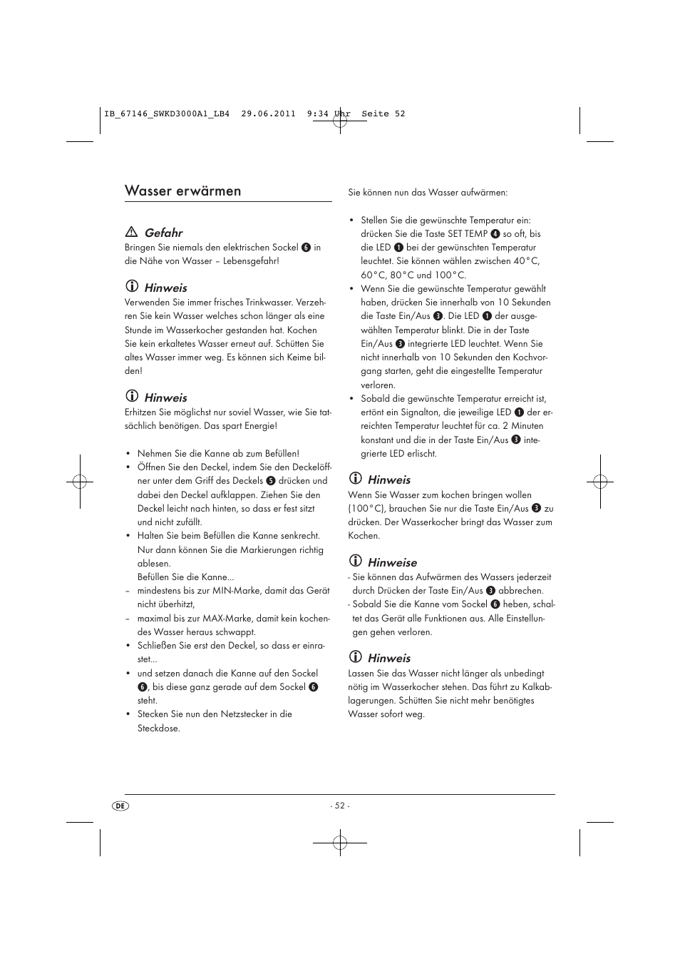 Wasser erwärmen, Gefahr, Hinweis | Hinweise | Silvercrest SWKD 3000 A1 User Manual | Page 54 / 58