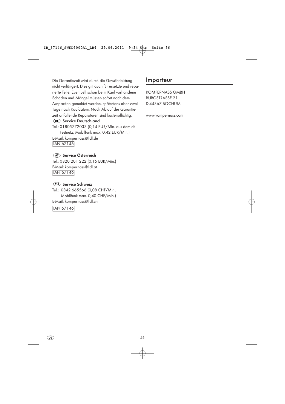 Importeur | Silvercrest SWKD 3000 A1 User Manual | Page 58 / 58