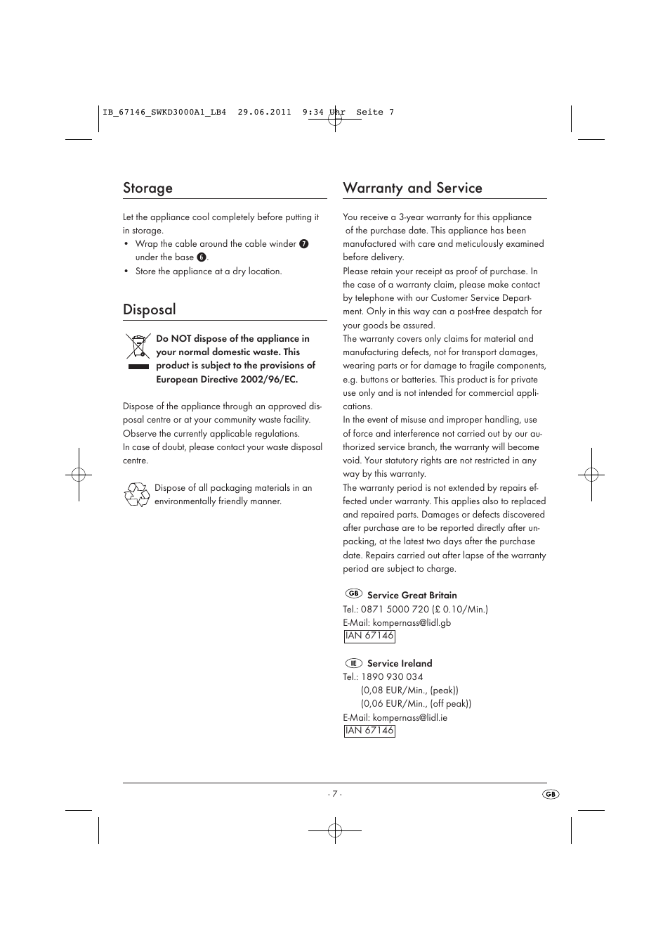 Storage, Disposal, Warranty and service | Silvercrest SWKD 3000 A1 User Manual | Page 9 / 58