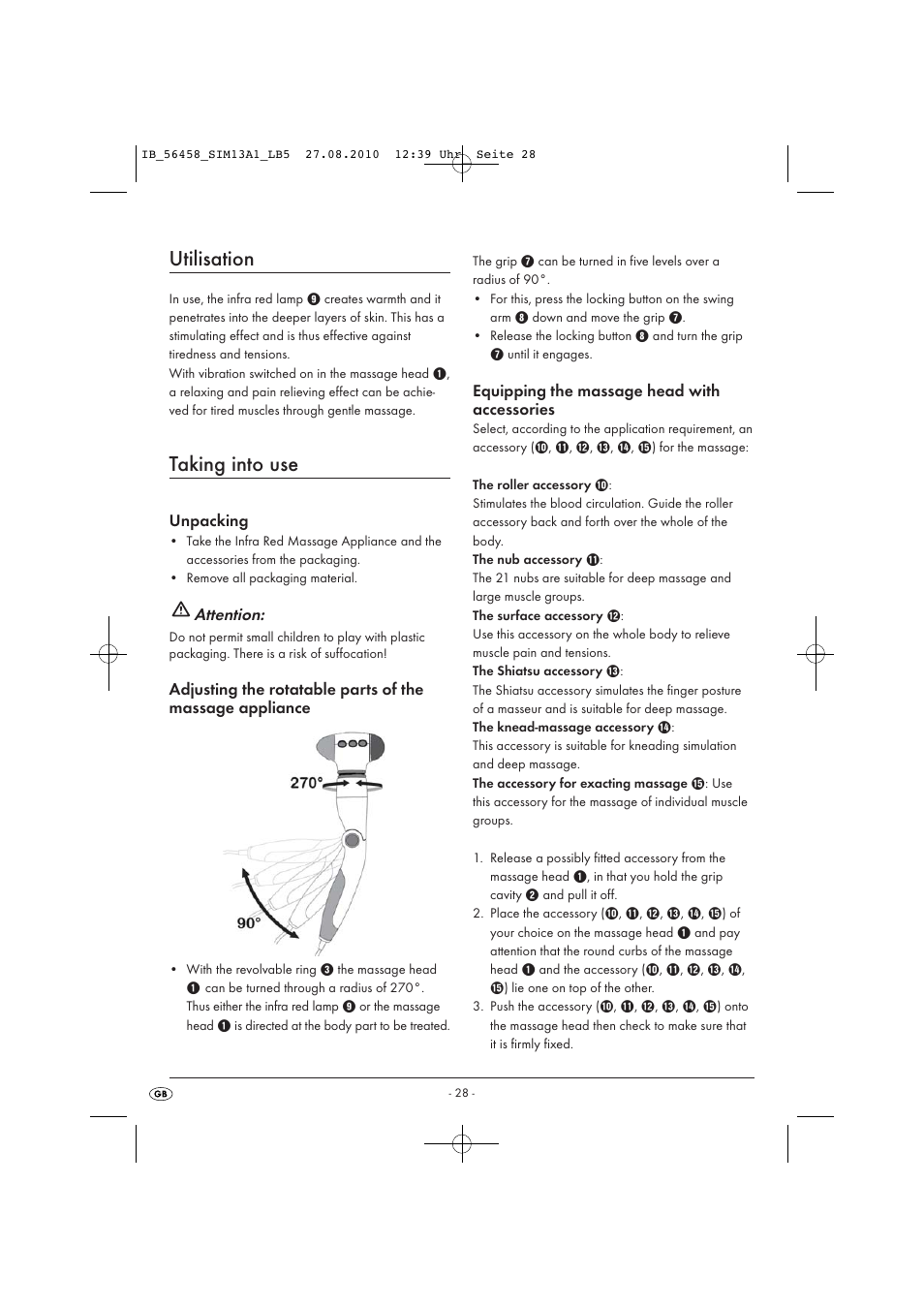 Utilisation, Taking into use, Unpacking | Attention, Equipping the massage head with accessories | Silvercrest SIM 13 A1 User Manual | Page 30 / 42