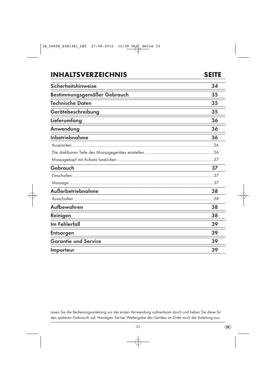 Inhaltsverzeichnis seite | Silvercrest SIM 13 A1 User Manual | Page 35 / 42