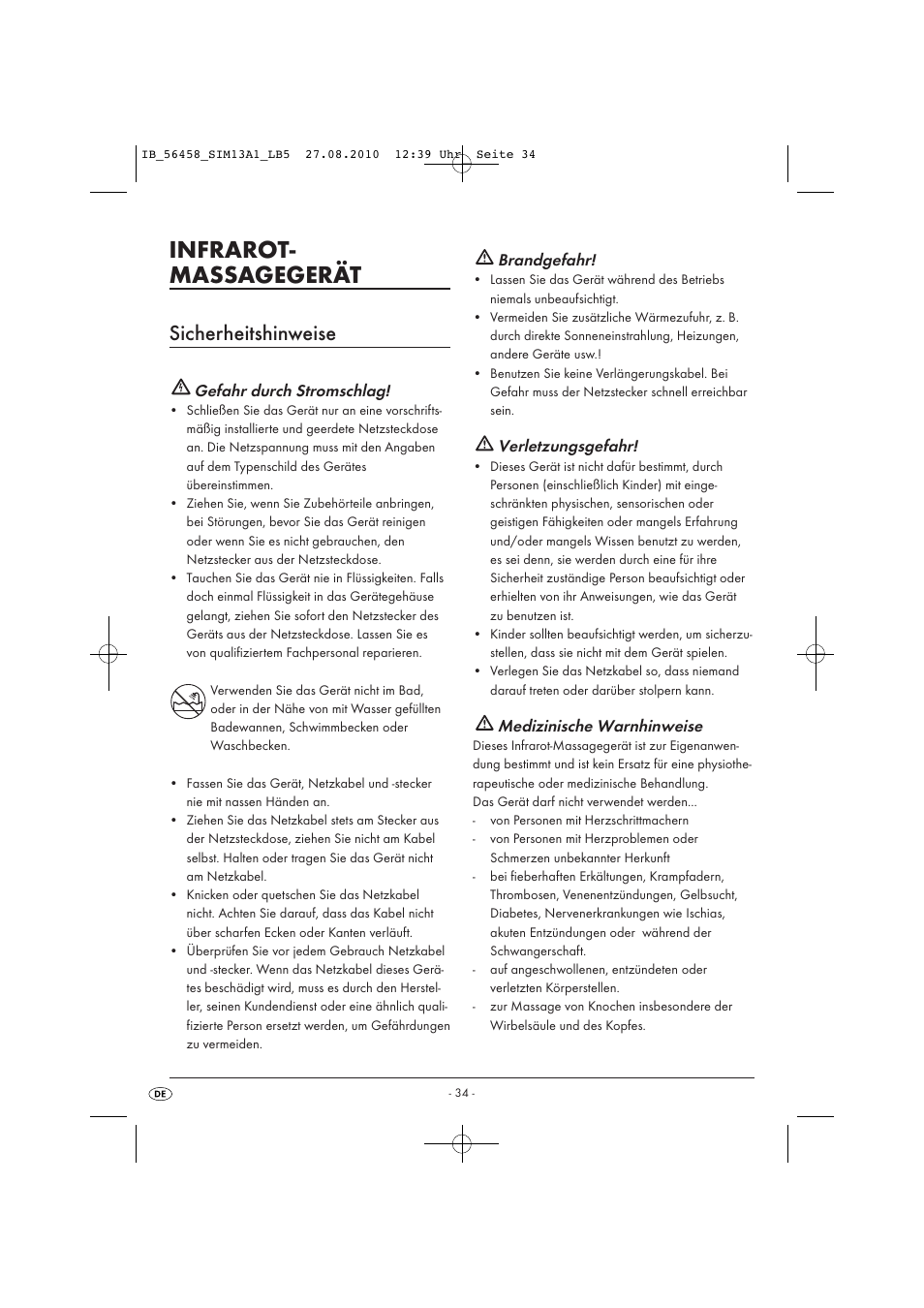 Infrarot- massagegerät, Sicherheitshinweise, Gefahr durch stromschlag | Brandgefahr, Verletzungsgefahr, Medizinische warnhinweise | Silvercrest SIM 13 A1 User Manual | Page 36 / 42