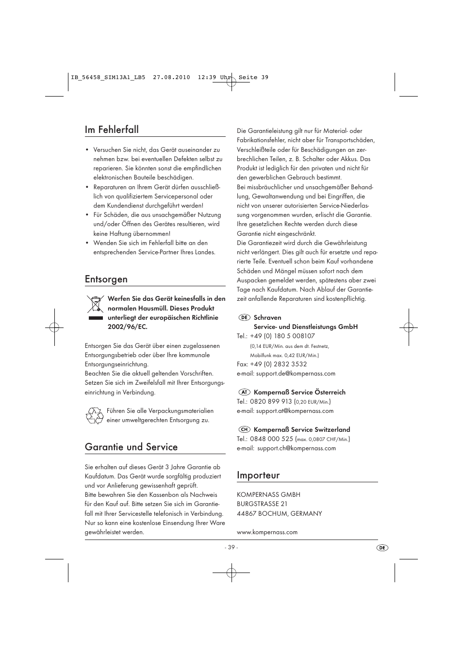 Im fehlerfall, Entsorgen, Garantie und service | Importeur | Silvercrest SIM 13 A1 User Manual | Page 41 / 42