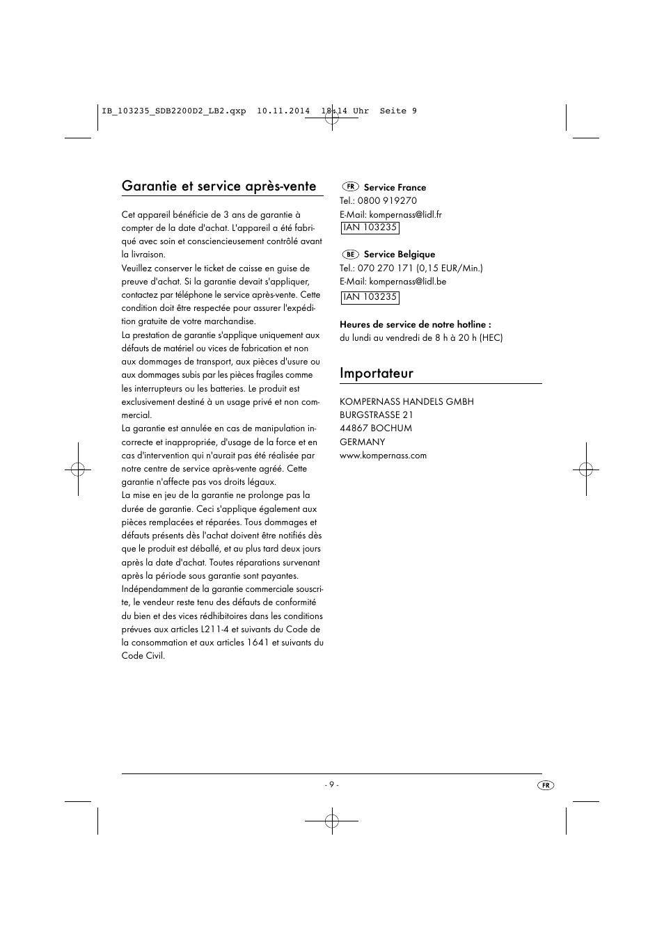 Garantie et service après-vente, Importateur | Silvercrest SDB 2200 D2 User Manual | Page 12 / 33