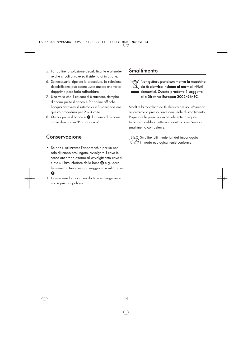 Conservazione, Smaltimento | Silvercrest STK 650 A1 User Manual | Page 16 / 41