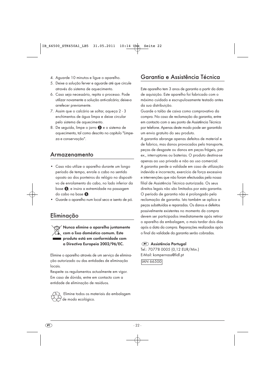 Armazenamento, Eliminação, Garantia e assistência técnica | Silvercrest STK 650 A1 User Manual | Page 24 / 41