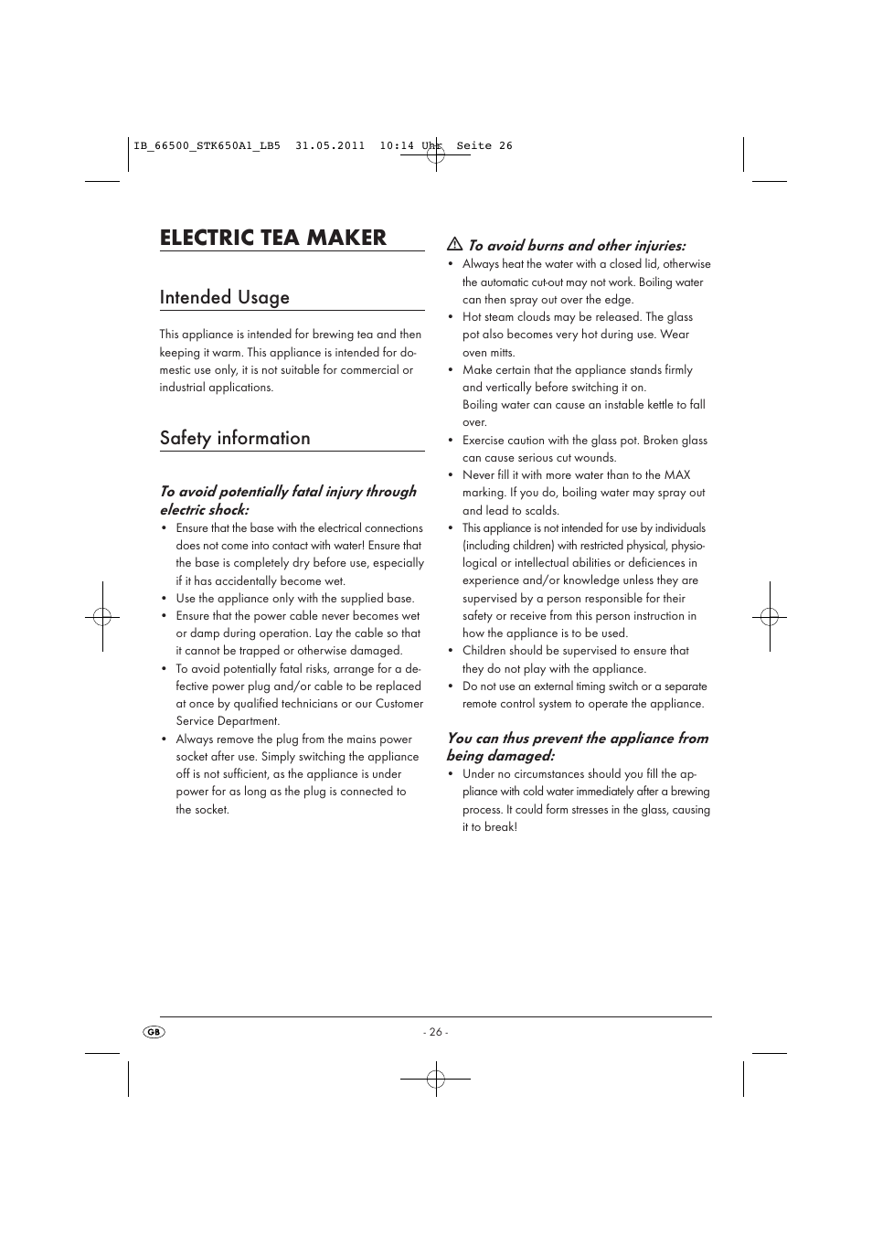 Electric tea maker, Intended usage, Safety information | Silvercrest STK 650 A1 User Manual | Page 28 / 41