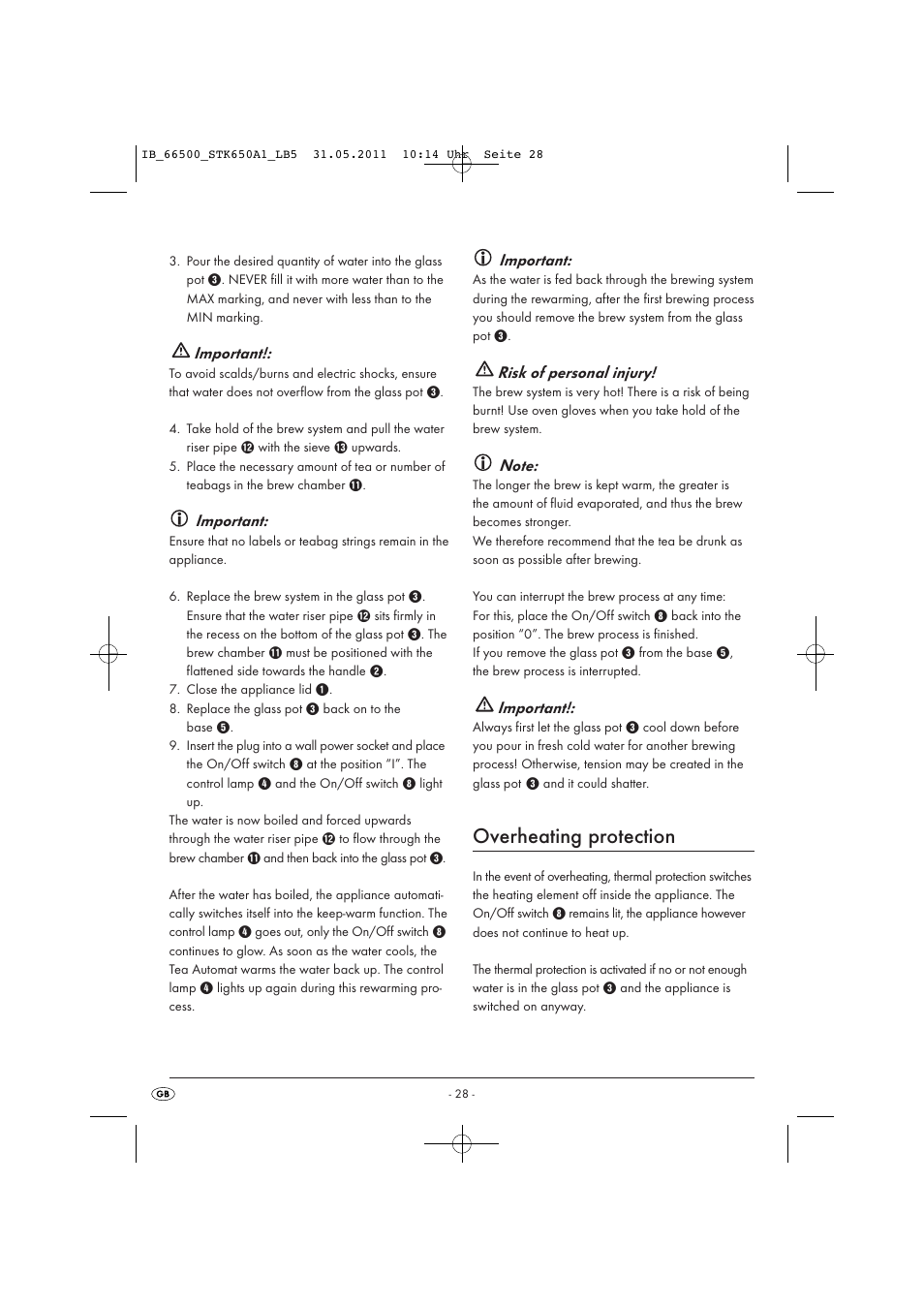 Overheating protection, Important, Risk of personal injury | Silvercrest STK 650 A1 User Manual | Page 30 / 41