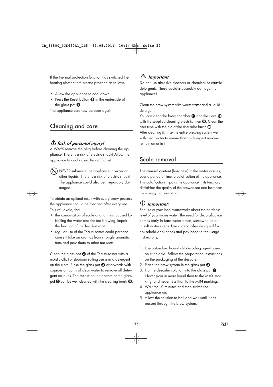 Cleaning and care, Scale removal, Risk of personal injury | Important | Silvercrest STK 650 A1 User Manual | Page 31 / 41