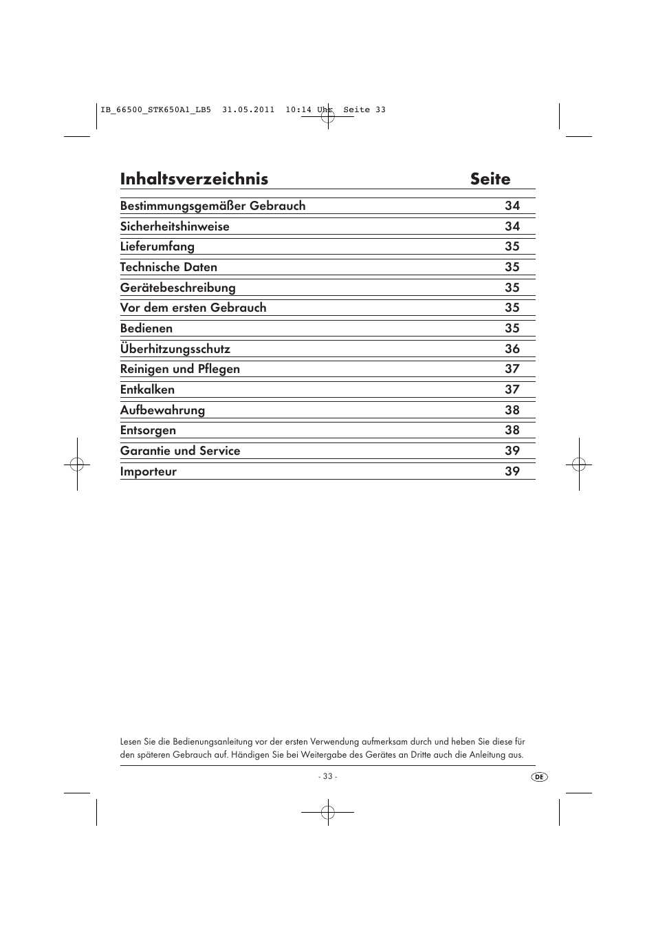 Inhaltsverzeichnis seite | Silvercrest STK 650 A1 User Manual | Page 35 / 41