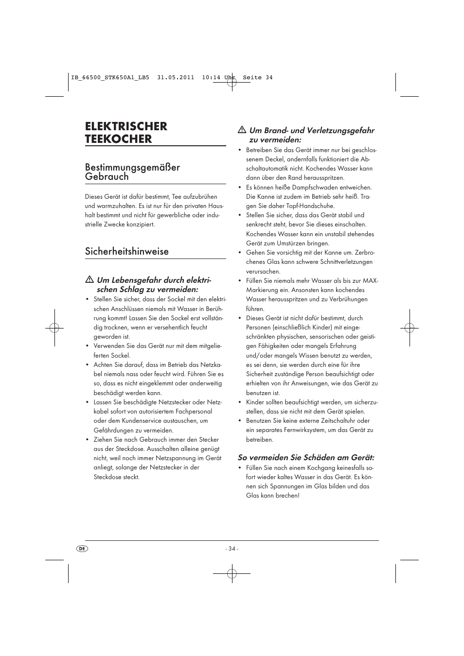 Elektrischer teekocher, Bestimmungsgemäßer gebrauch, Sicherheitshinweise | Silvercrest STK 650 A1 User Manual | Page 36 / 41