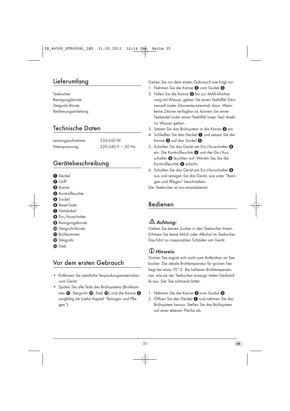 Lieferumfang, Technische daten, Gerätebeschreibung | Vor dem ersten gebrauch, Bedienen | Silvercrest STK 650 A1 User Manual | Page 37 / 41