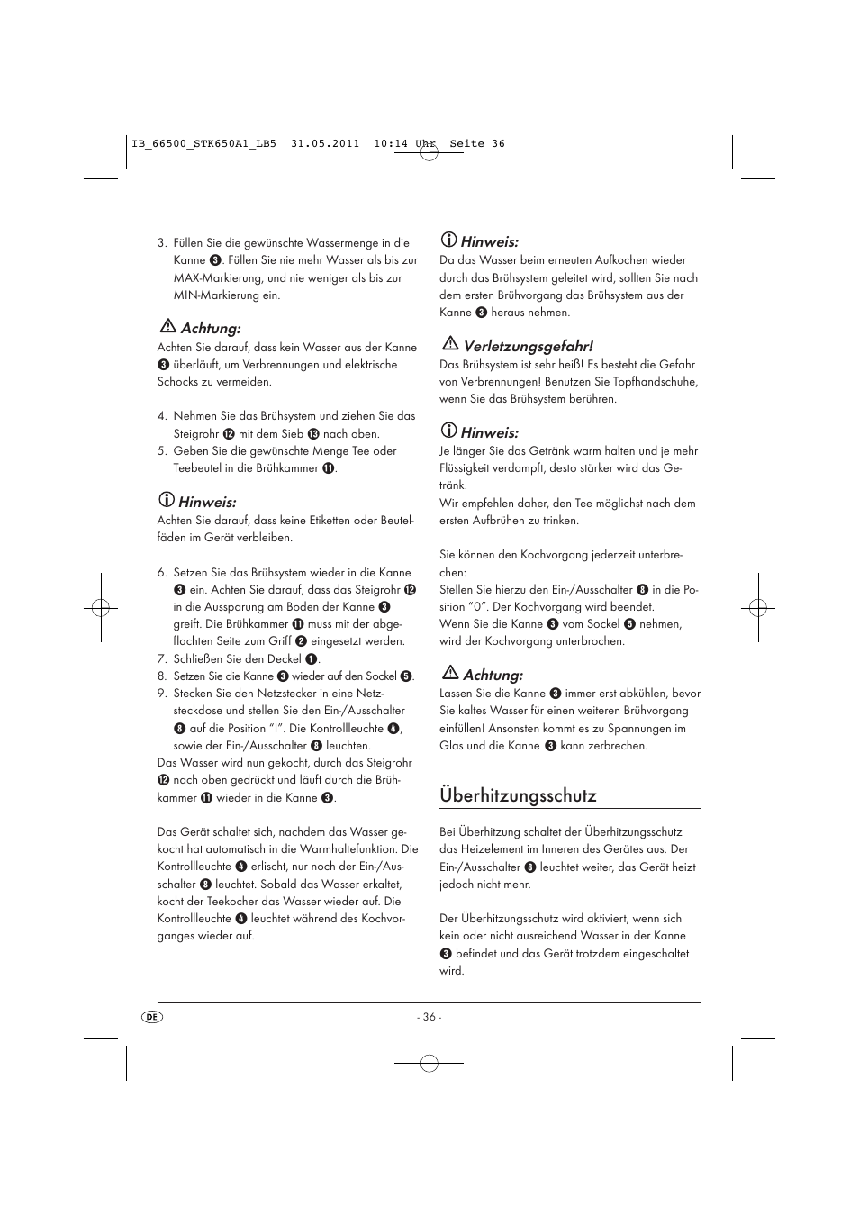 Überhitzungsschutz, Achtung, Hinweis | Verletzungsgefahr | Silvercrest STK 650 A1 User Manual | Page 38 / 41