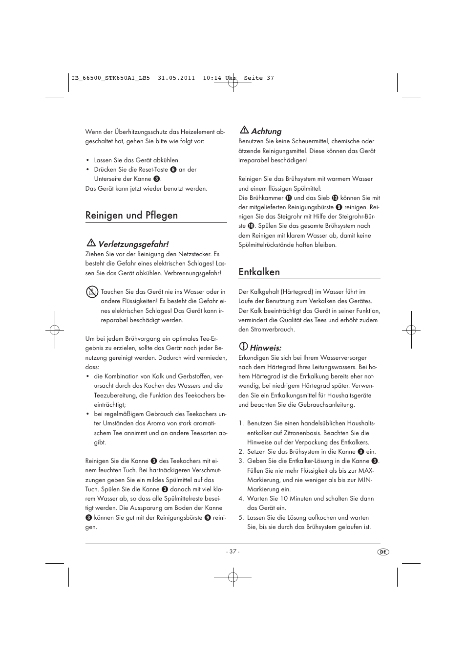 Reinigen und pflegen, Entkalken, Verletzungsgefahr | Achtung, Hinweis | Silvercrest STK 650 A1 User Manual | Page 39 / 41