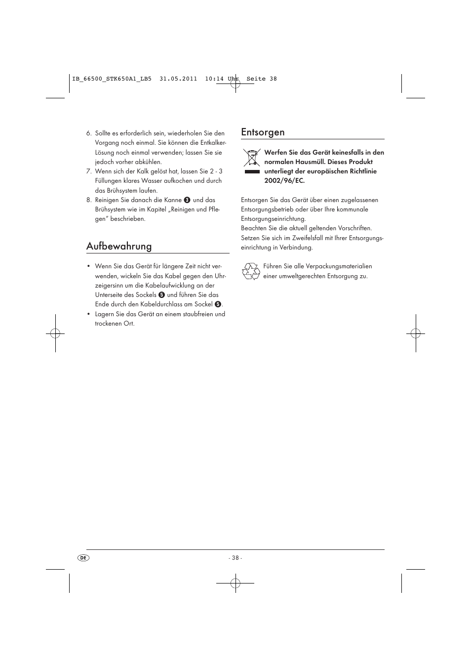Aufbewahrung, Entsorgen | Silvercrest STK 650 A1 User Manual | Page 40 / 41