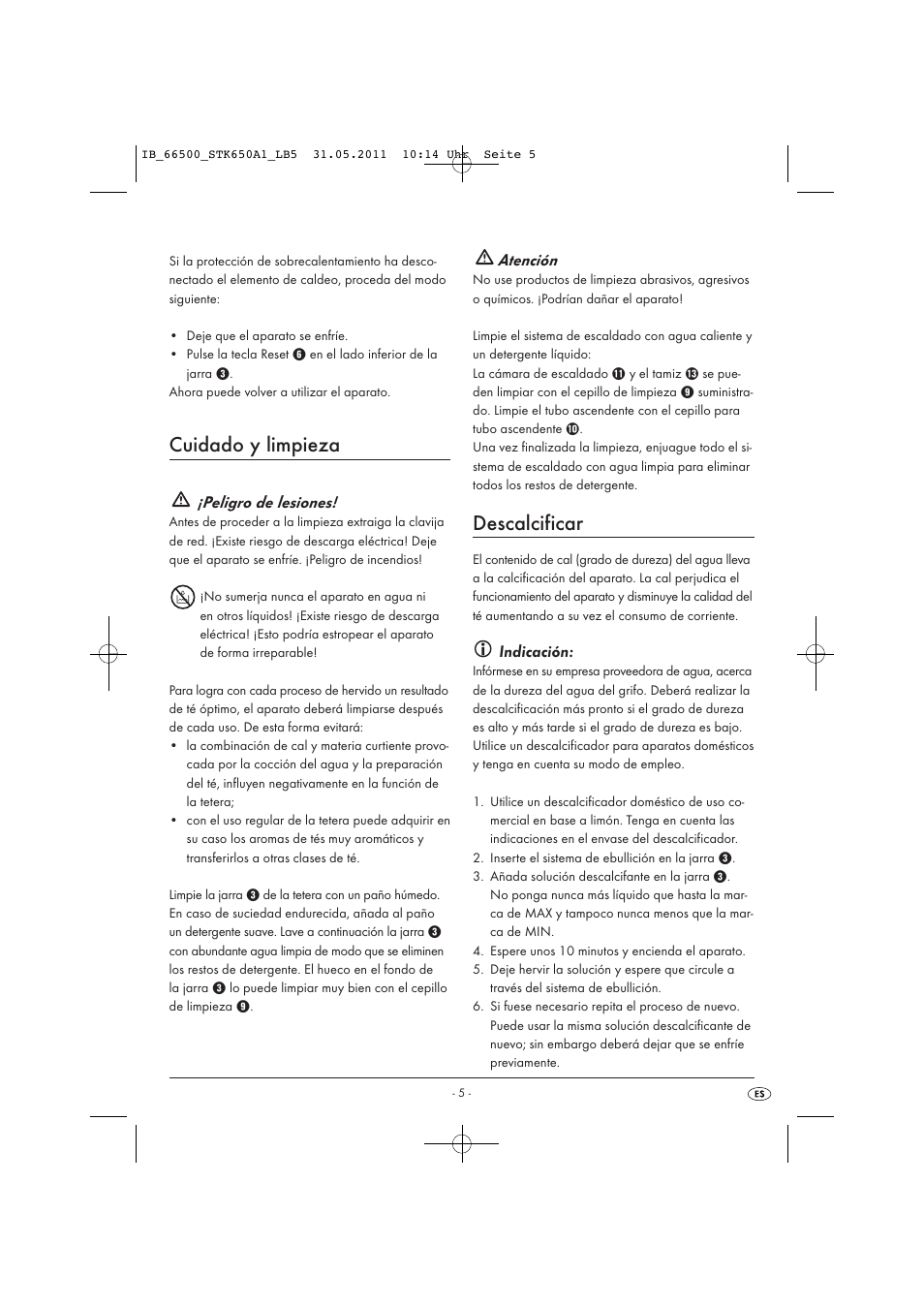 Cuidado y limpieza, Descalcificar, Peligro de lesiones | Atención, Indicación | Silvercrest STK 650 A1 User Manual | Page 7 / 41