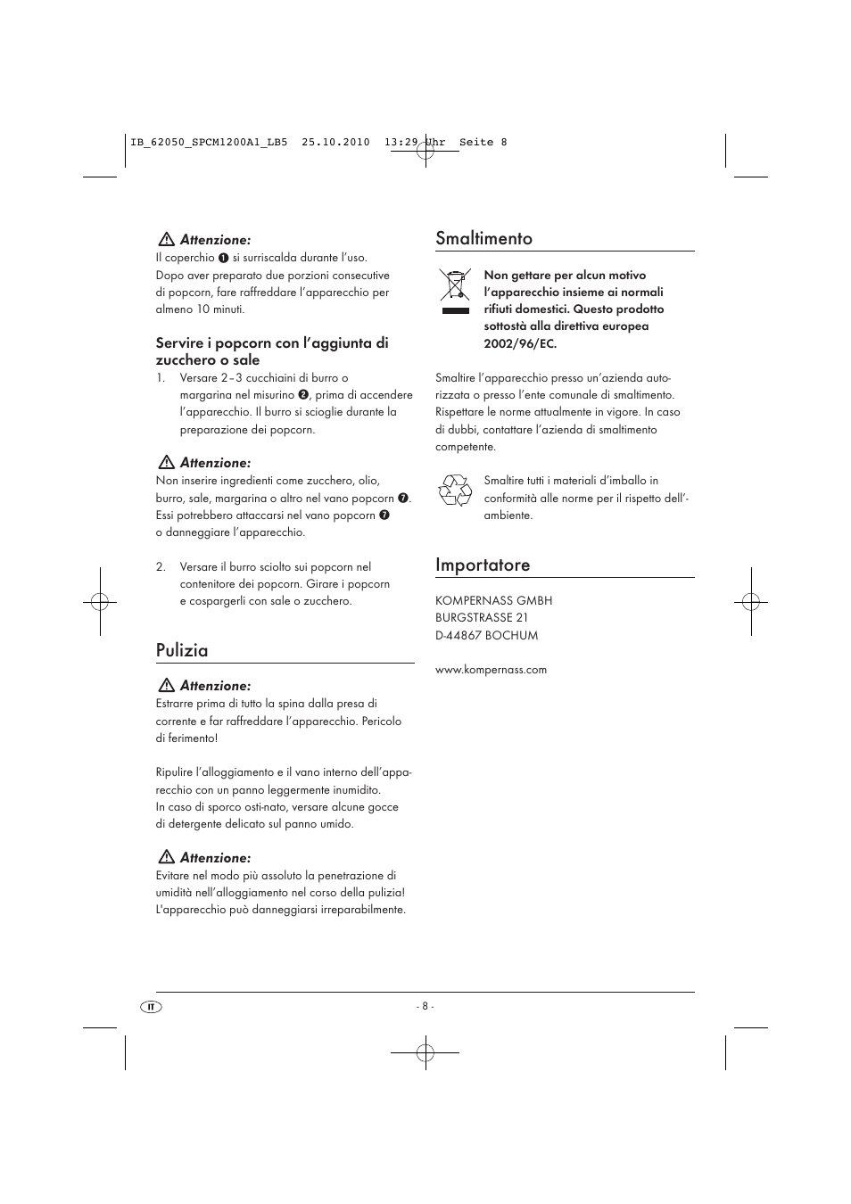 Pulizia, Smaltimento, Importatore | Attenzione | Silvercrest SPCM 1200 A1 User Manual | Page 10 / 23