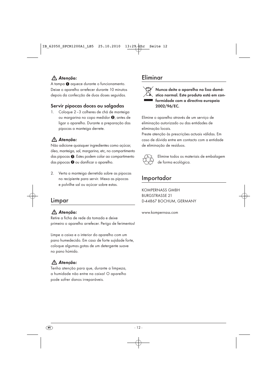 Limpar, Eliminar, Importador | Atenção, Servir pipocas doces ou salgadas | Silvercrest SPCM 1200 A1 User Manual | Page 14 / 23