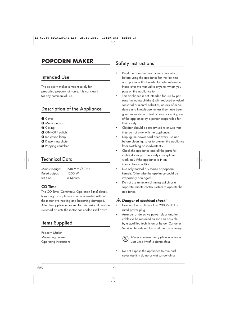 Popcorn maker, Intended use, Description of the appliance | Technical data, Items supplied, Safety instructions, Co time, Danger of electrical shock | Silvercrest SPCM 1200 A1 User Manual | Page 16 / 23