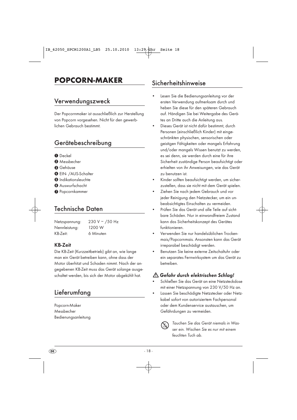 Popcorn-maker, Verwendungszweck, Gerätebeschreibung | Technische daten, Lieferumfang, Sicherheitshinweise, Kb-zeit, Gefahr durch elektrischen schlag | Silvercrest SPCM 1200 A1 User Manual | Page 20 / 23