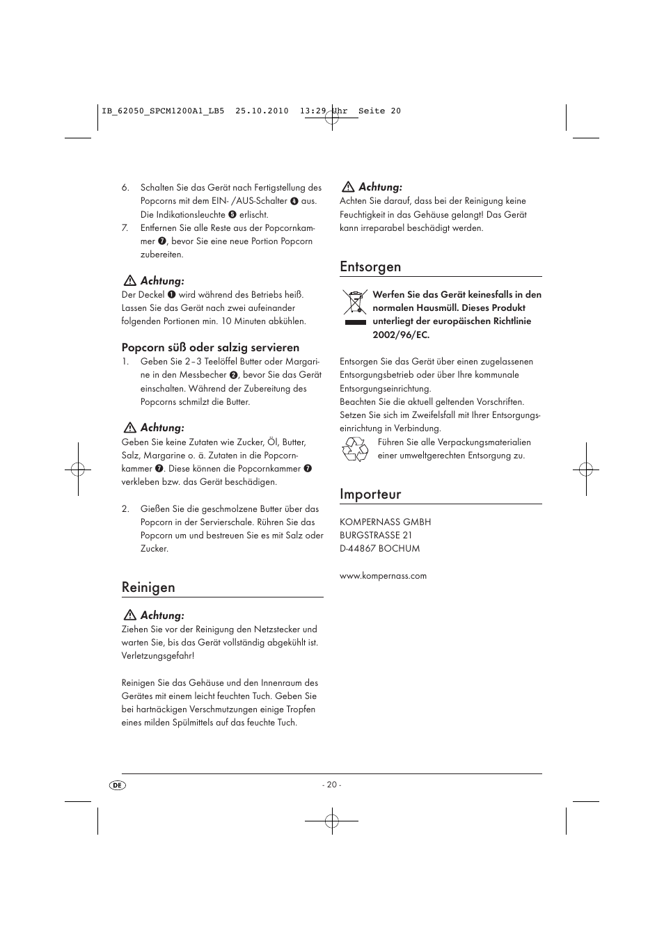 Reinigen, Entsorgen, Importeur | Achtung, Popcorn süß oder salzig servieren | Silvercrest SPCM 1200 A1 User Manual | Page 22 / 23