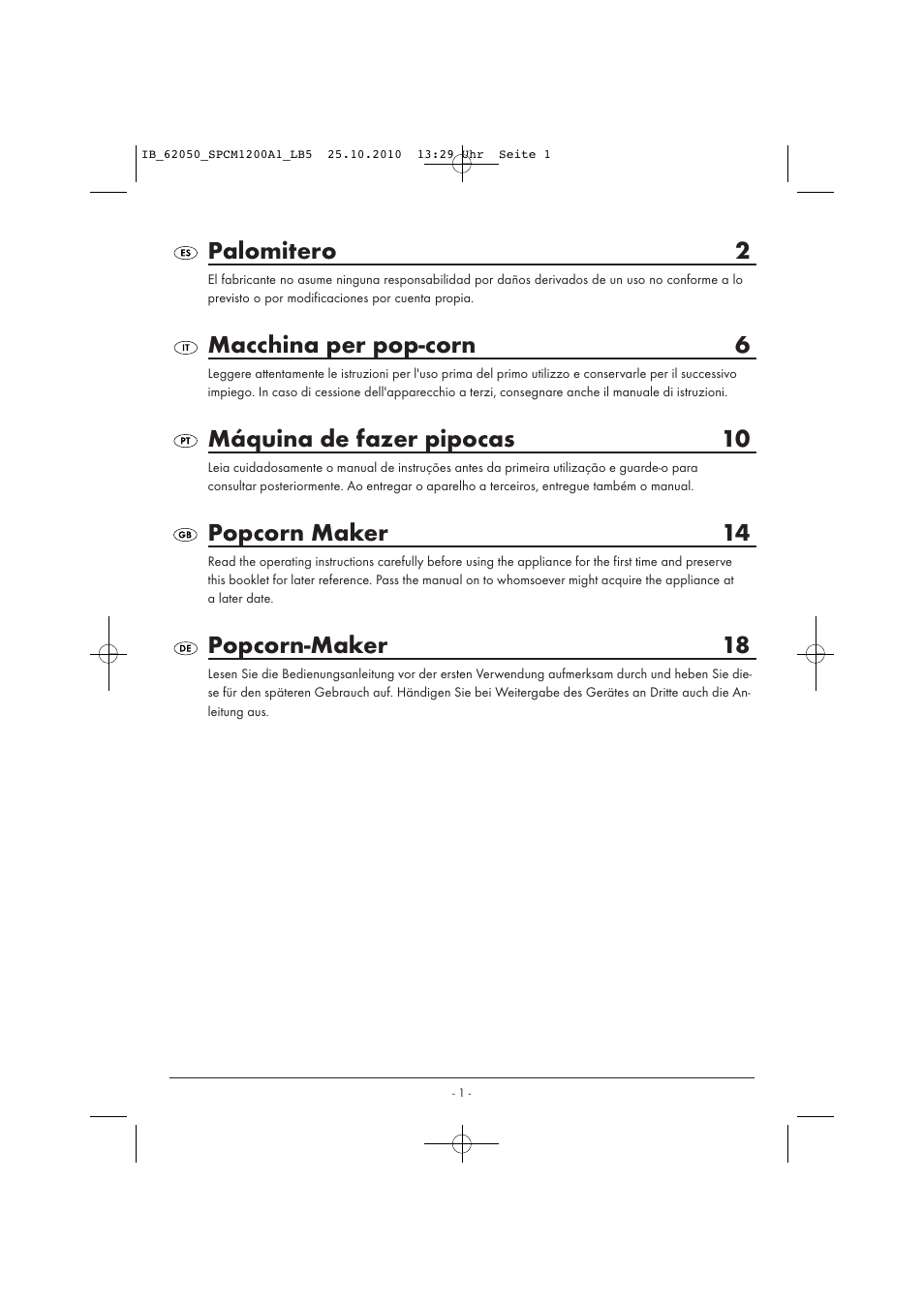 Palomitero 2, Macchina per pop-corn 6, Máquina de fazer pipocas 10 | Popcorn maker 14, Popcorn-maker 18 | Silvercrest SPCM 1200 A1 User Manual | Page 3 / 23