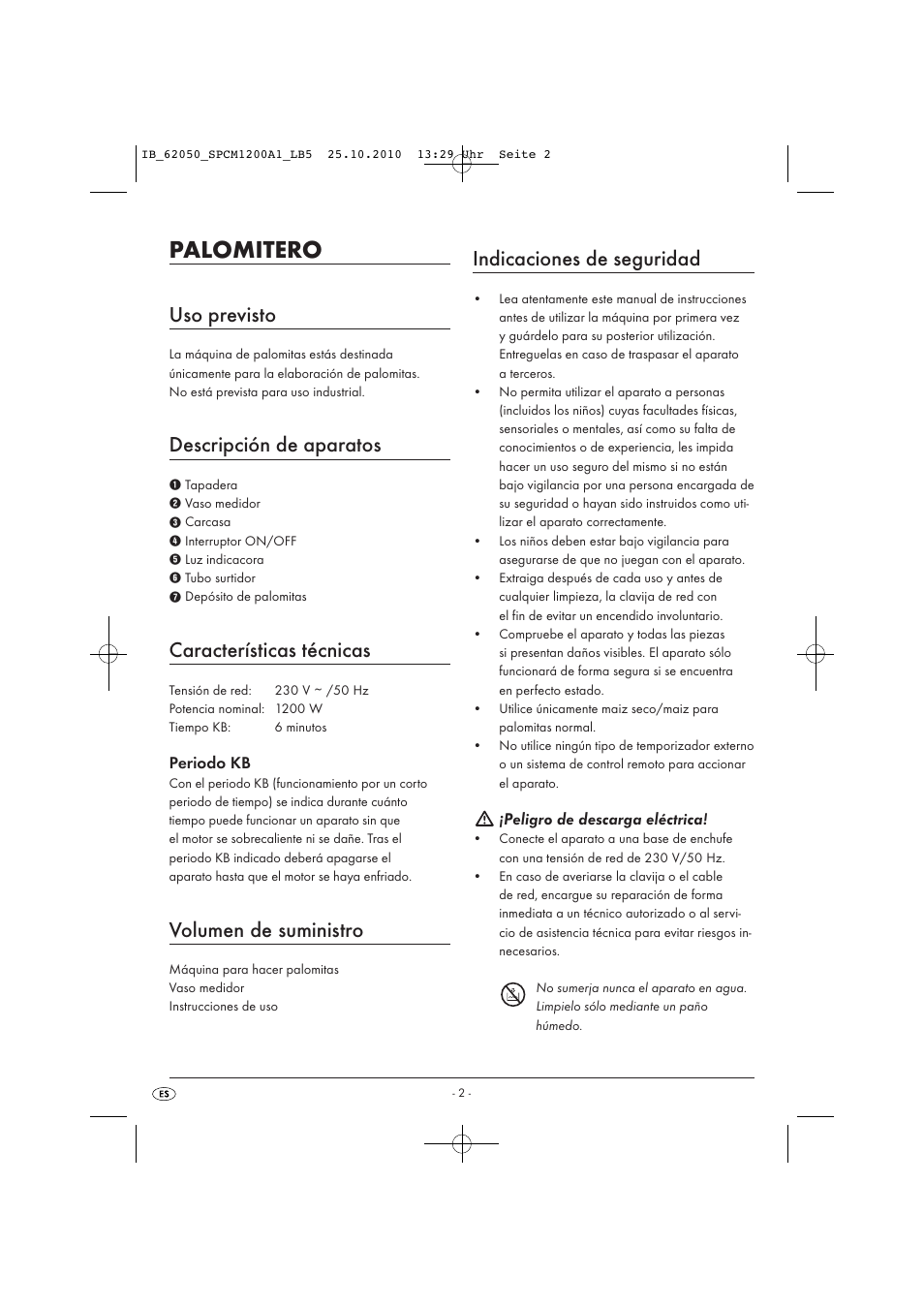 Palomitero, Uso previsto, Descripción de aparatos | Características técnicas, Volumen de suministro, Indicaciones de seguridad, Periodo kb, Peligro de descarga eléctrica | Silvercrest SPCM 1200 A1 User Manual | Page 4 / 23