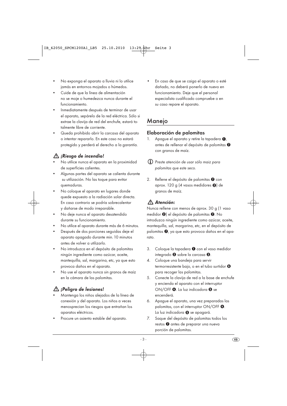 Manejo, Riesgo de incendio, Peligro de lesiones | Elaboración de palomitas, Atención | Silvercrest SPCM 1200 A1 User Manual | Page 5 / 23