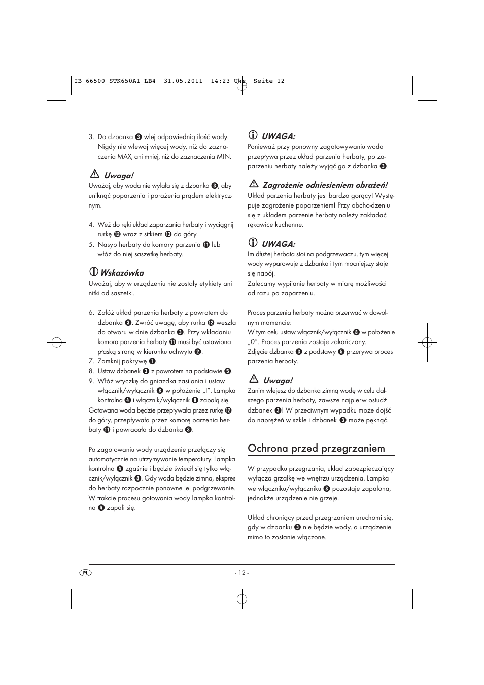 Ochrona przed przegrzaniem, Uwaga, Wskazówka | Zagrożenie odniesieniem obrażeń | Silvercrest STK 650 A1 User Manual | Page 14 / 57