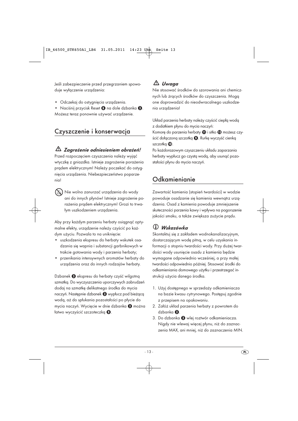 Czyszczenie i konserwacja, Odkamienianie, Zagrożenie odniesieniem obrażeń | Uwaga, Wskazówka | Silvercrest STK 650 A1 User Manual | Page 15 / 57
