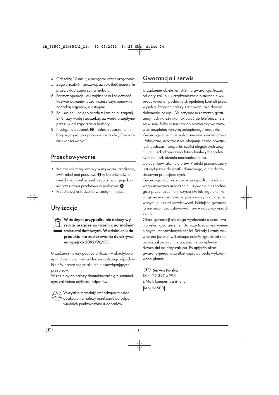 Przechowywanie, Utylizacja, Gwarancja i serwis | Silvercrest STK 650 A1 User Manual | Page 16 / 57