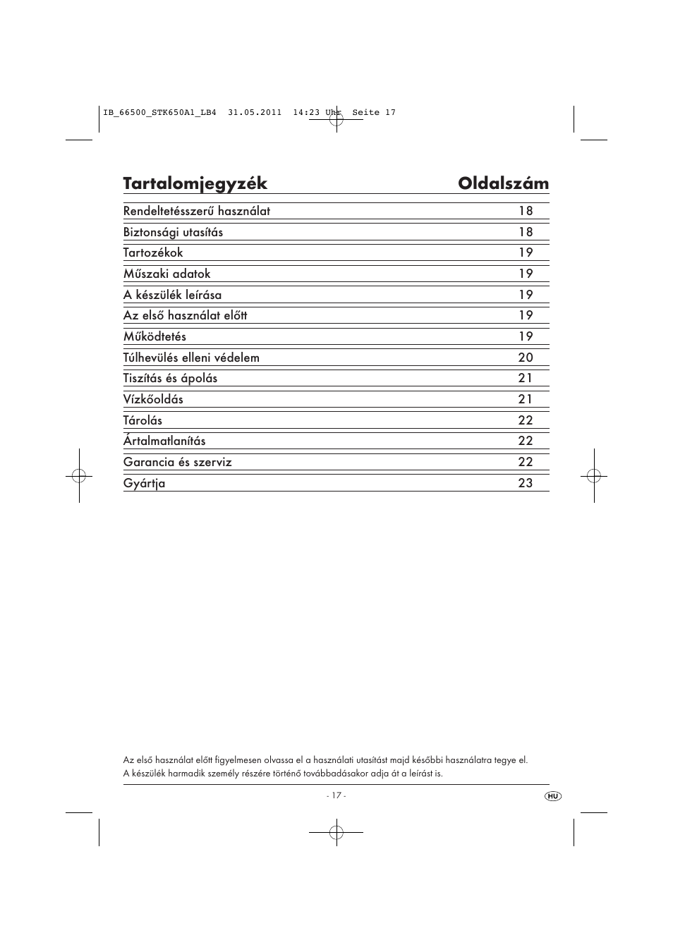 Tartalomjegyzék oldalszám | Silvercrest STK 650 A1 User Manual | Page 19 / 57