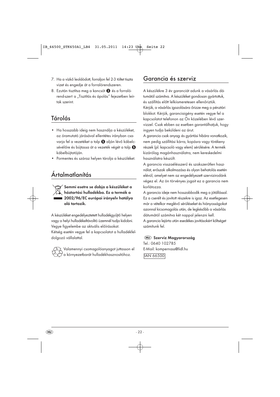 Tárolás, Ártalmatlanítás, Garancia és szerviz | Silvercrest STK 650 A1 User Manual | Page 24 / 57