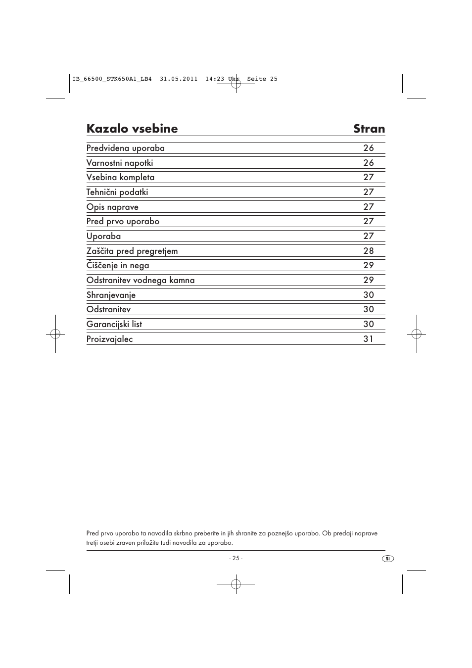 Kazalo vsebine stran | Silvercrest STK 650 A1 User Manual | Page 27 / 57