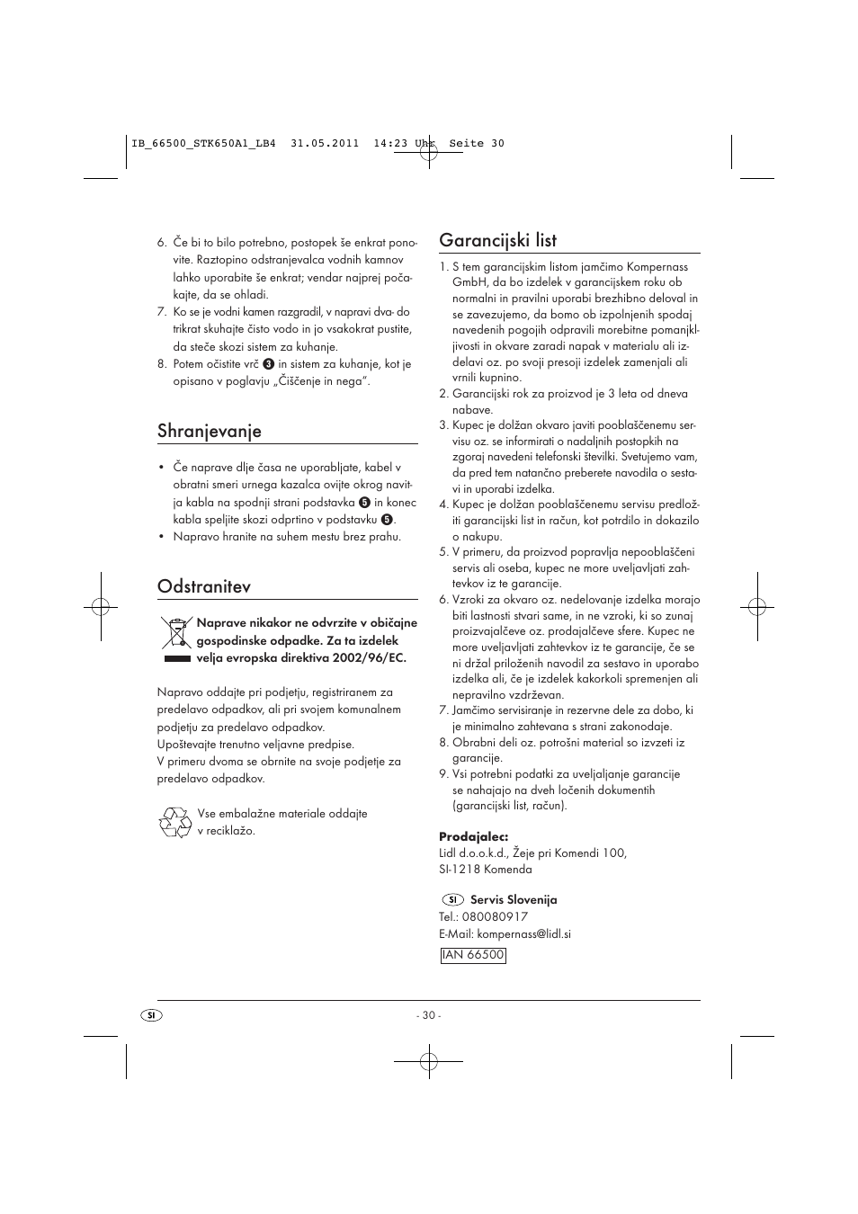 Shranjevanje, Odstranitev, Garancijski list | Silvercrest STK 650 A1 User Manual | Page 32 / 57
