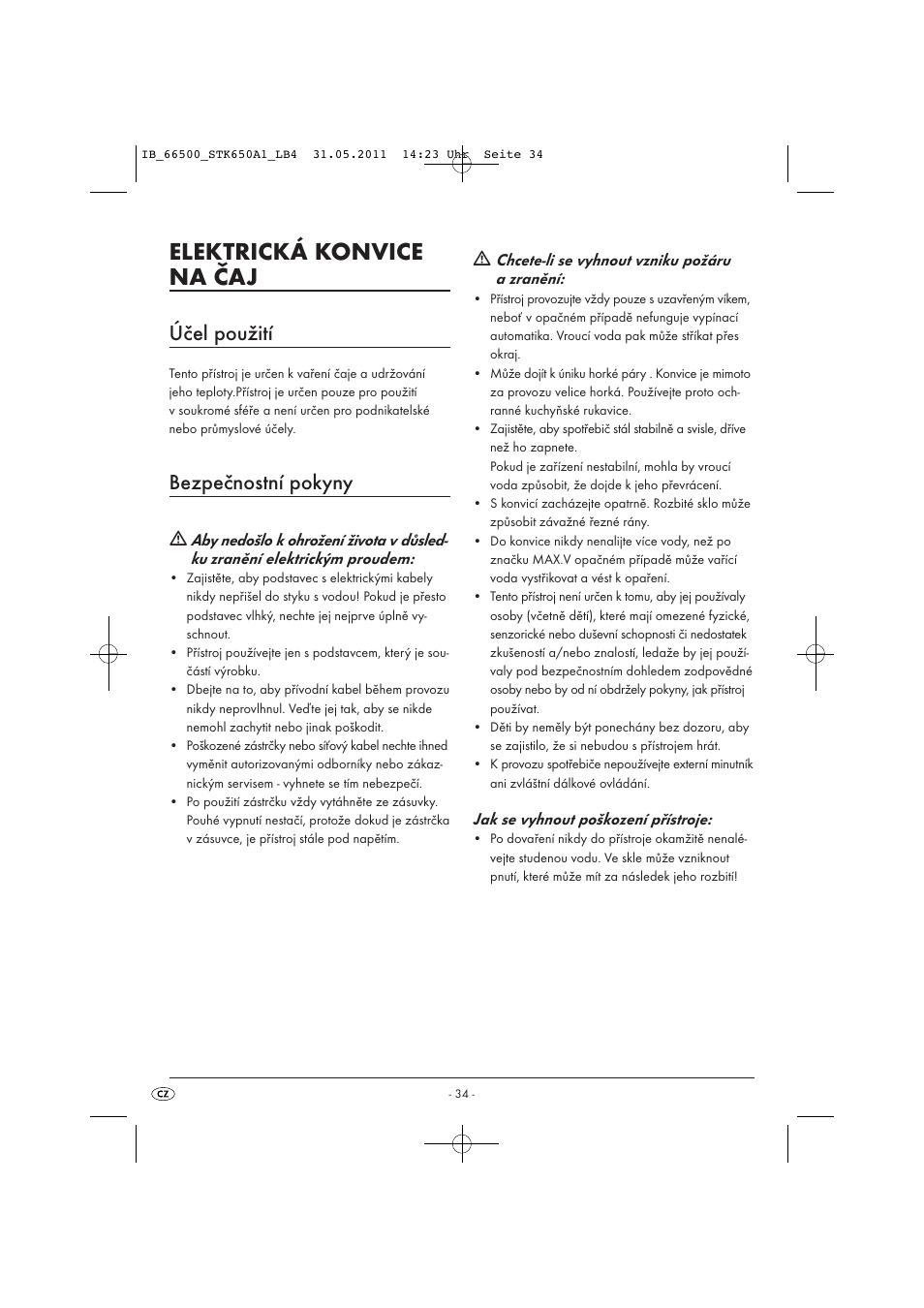 Elektrická konvice na čaj, Účel použití, Bezpečnostní pokyny | Silvercrest STK 650 A1 User Manual | Page 36 / 57