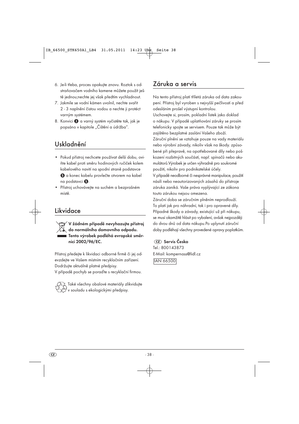 Uskladnění, Likvidace, Záruka a servis | Silvercrest STK 650 A1 User Manual | Page 40 / 57