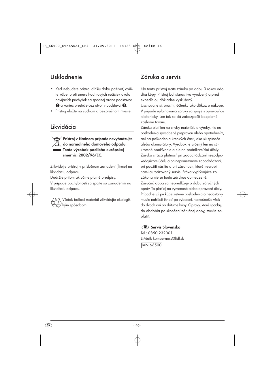 Uskladnenie, Likvidácia, Záruka a servis | Silvercrest STK 650 A1 User Manual | Page 48 / 57