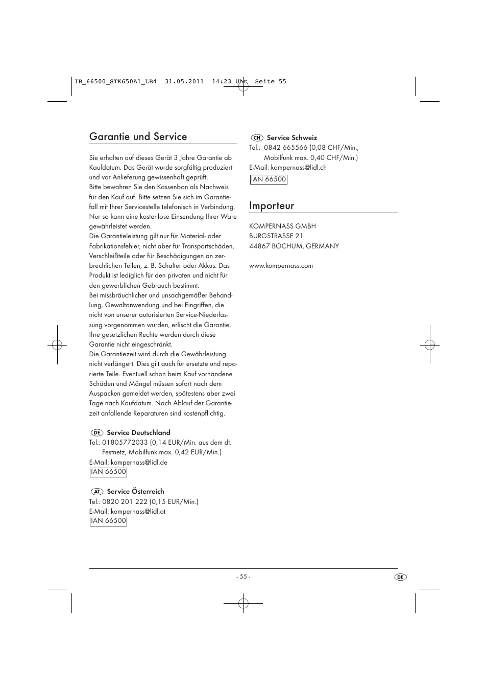 Garantie und service, Importeur | Silvercrest STK 650 A1 User Manual | Page 57 / 57