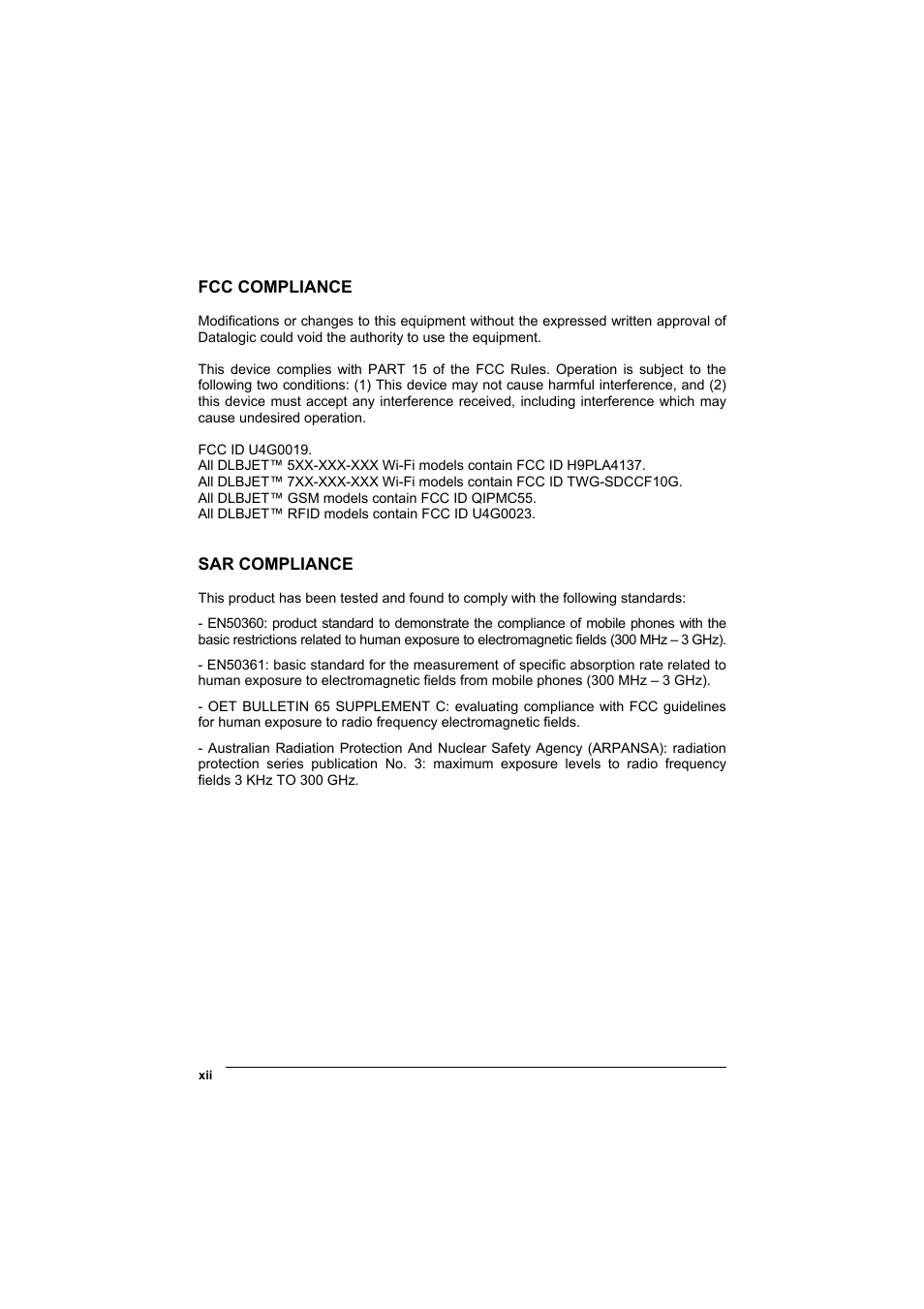 Fcc compliance, Sar compliance | Datalogic Scanning Jet User Manual | Page 12 / 106