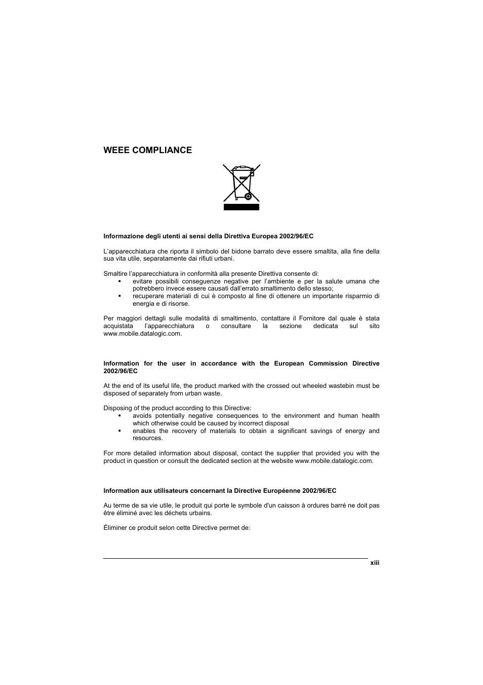 Weee compliance | Datalogic Scanning Jet User Manual | Page 13 / 106
