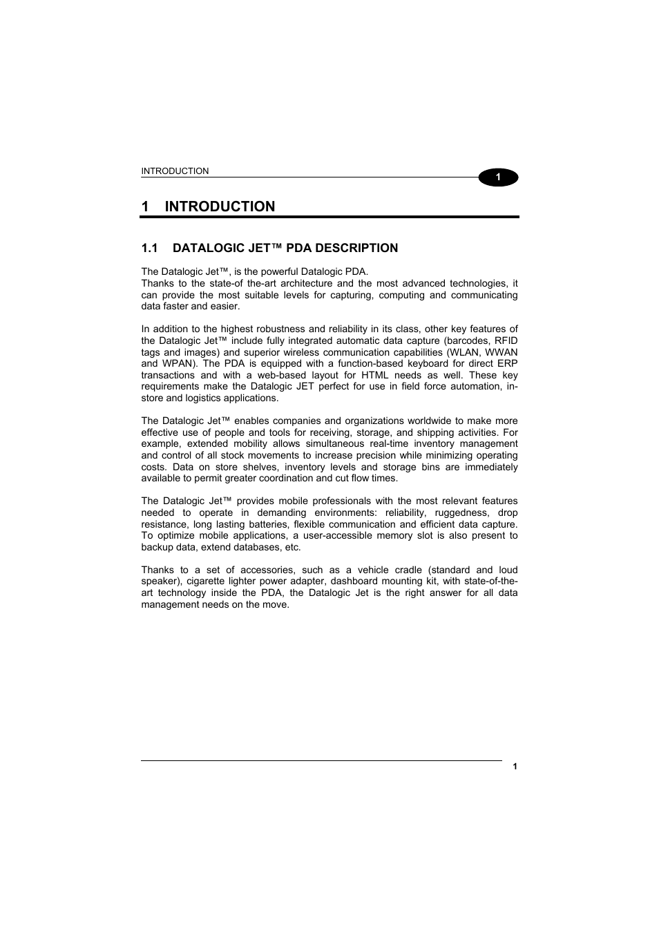 Introduction, Datalogic jet™ pda description, 1 introduction | Datalogic Scanning Jet User Manual | Page 17 / 106