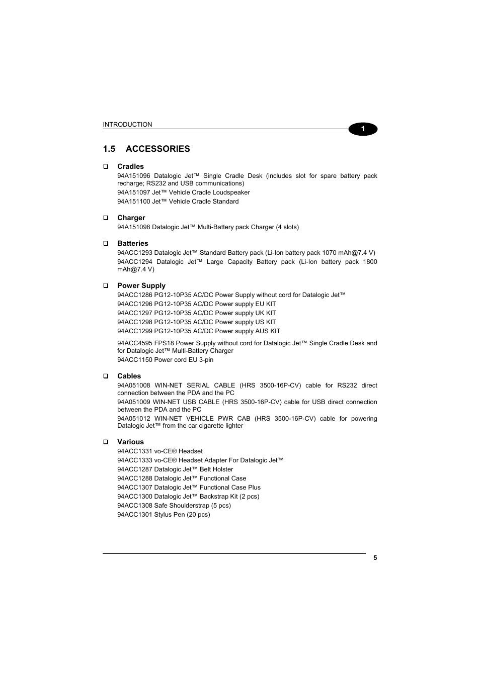 Accessories, 5 accessories | Datalogic Scanning Jet User Manual | Page 21 / 106