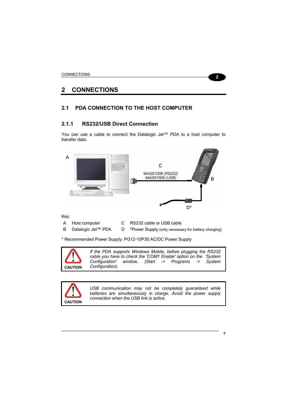Connections, Pda connection to the host computer, Rs232/usb direct connection | 2 connections | Datalogic Scanning Jet User Manual | Page 23 / 106