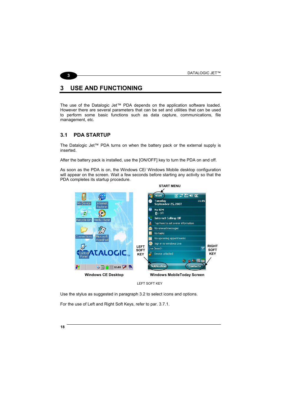 Use and functioning, Pda startup, 3 use and functioning | 1 pda startup | Datalogic Scanning Jet User Manual | Page 34 / 106