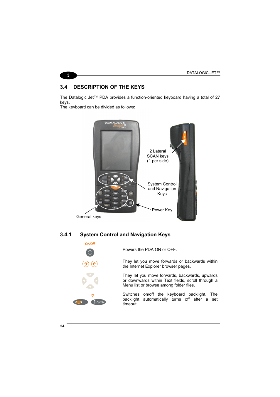 Description of the keys, System control and navigation keys | Datalogic Scanning Jet User Manual | Page 40 / 106