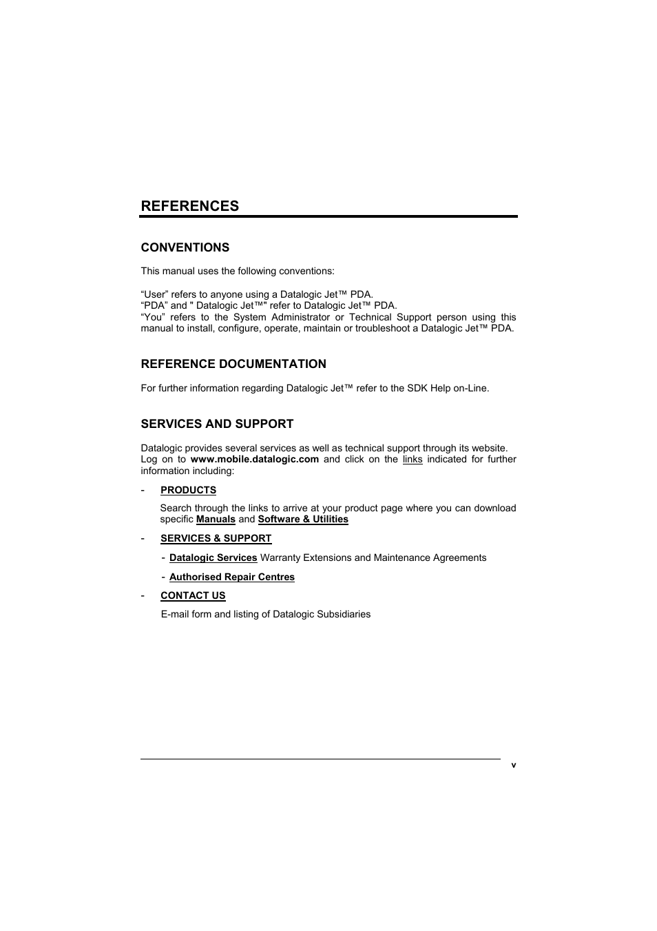 References, Conventions, Reference documentation | Services and support | Datalogic Scanning Jet User Manual | Page 5 / 106